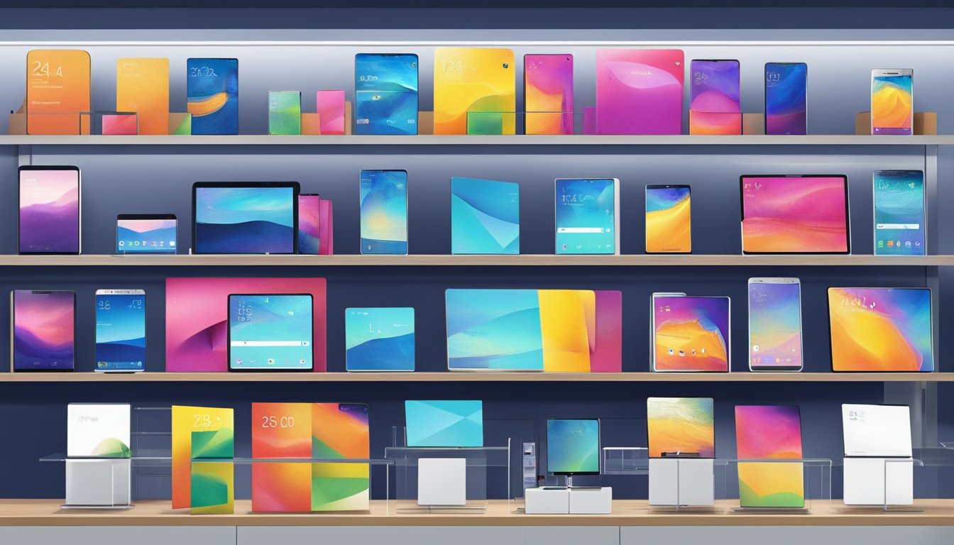 The latest Samsung Galaxy models displayed on a sleek, modern store shelf at Best Buy. Bright screens and vibrant colors catch the eye