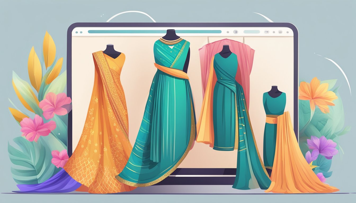 A computer screen with "Frequently Asked Questions saree gown buy online" displayed, surrounded by various colorful saree gown designs