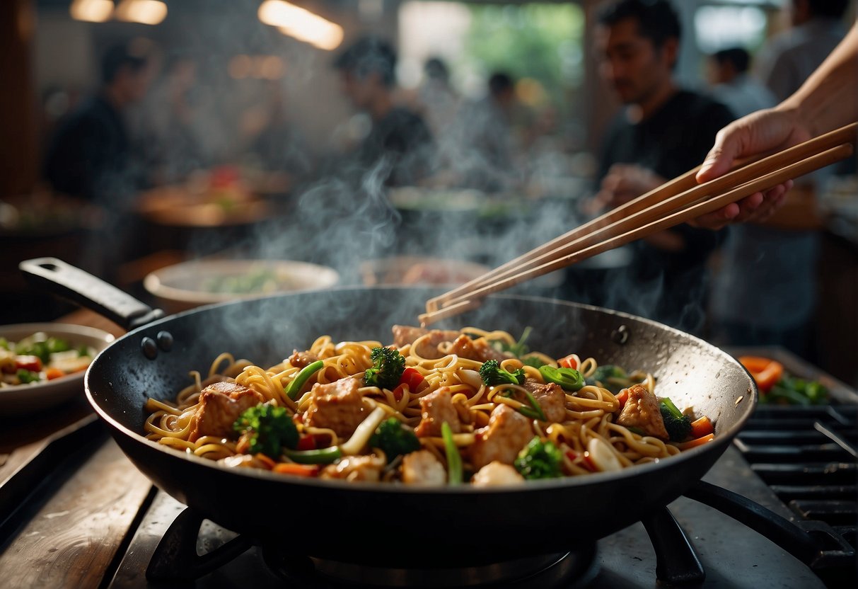A wok sizzles with stir-fried chicken, vegetables, and noodles in a savory soy-based sauce. Steam rises, and the aroma of garlic and ginger fills the air