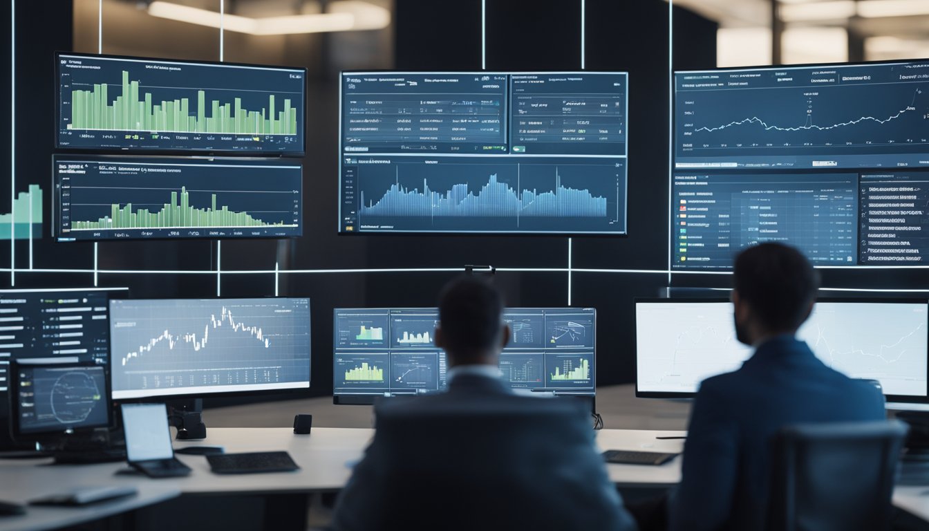 A group of AI algorithms coordinate tasks on digital screens in an office setting. Graphs and charts indicate progress and timelines
