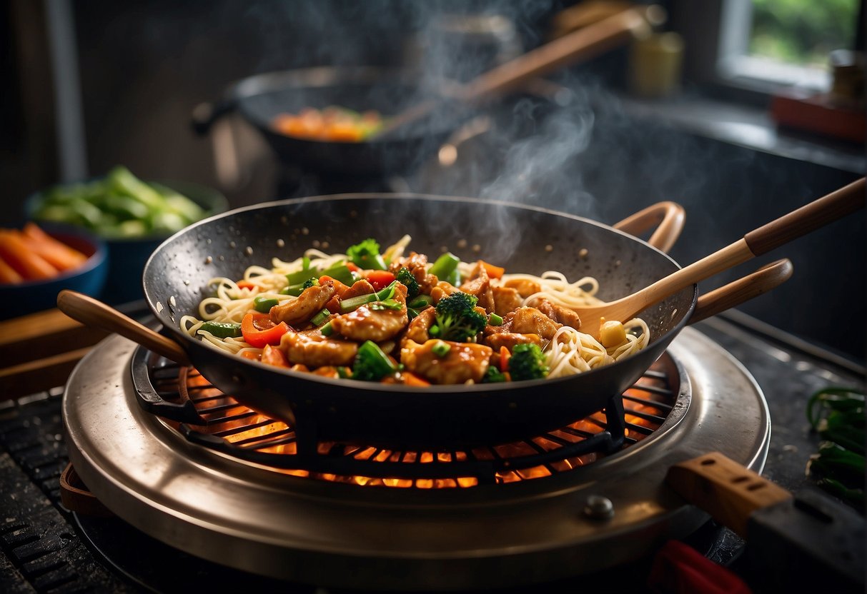 A wok sizzles with stir-fried chicken, noodles, and vegetables. Soy sauce, oyster sauce, and sesame oil sit nearby for flavor