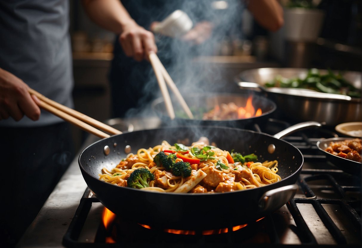 Sizzling wok stir-frying chicken, vegetables, and noodles with savory soy sauce in a bustling kitchen