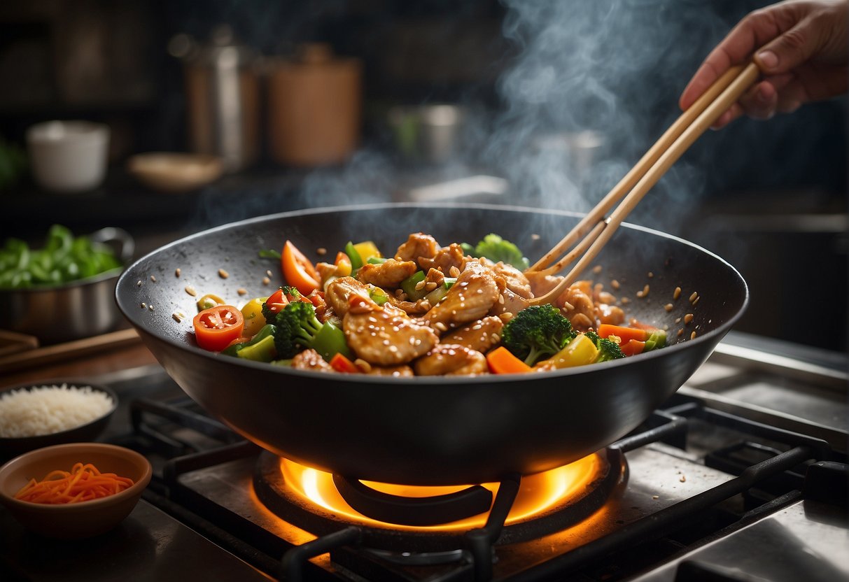 A wok sizzles with stir-fried chicken, noodles, and colorful vegetables, as a chef adds a flavorful mix of soy sauce and seasoning