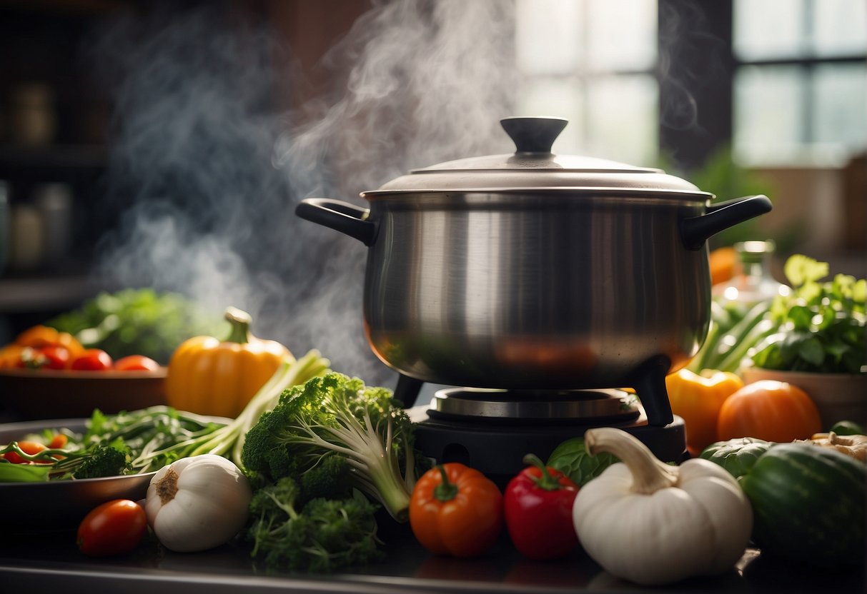 A steaming pot of Chinese herbal soup simmers on a stove, filled with colorful vegetables, fragrant herbs, and nourishing broth