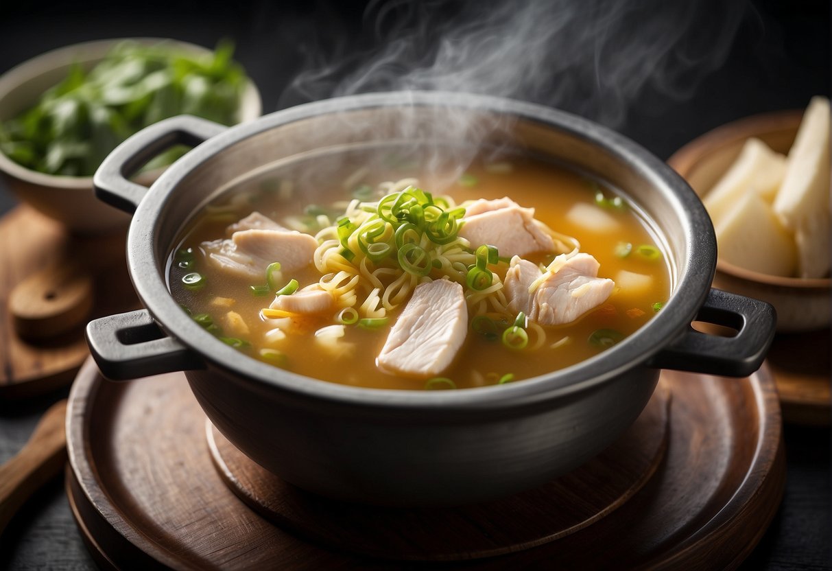 A steaming pot of clear soup filled with tender pieces of Chinese chicken, floating scallions, and ginger slices