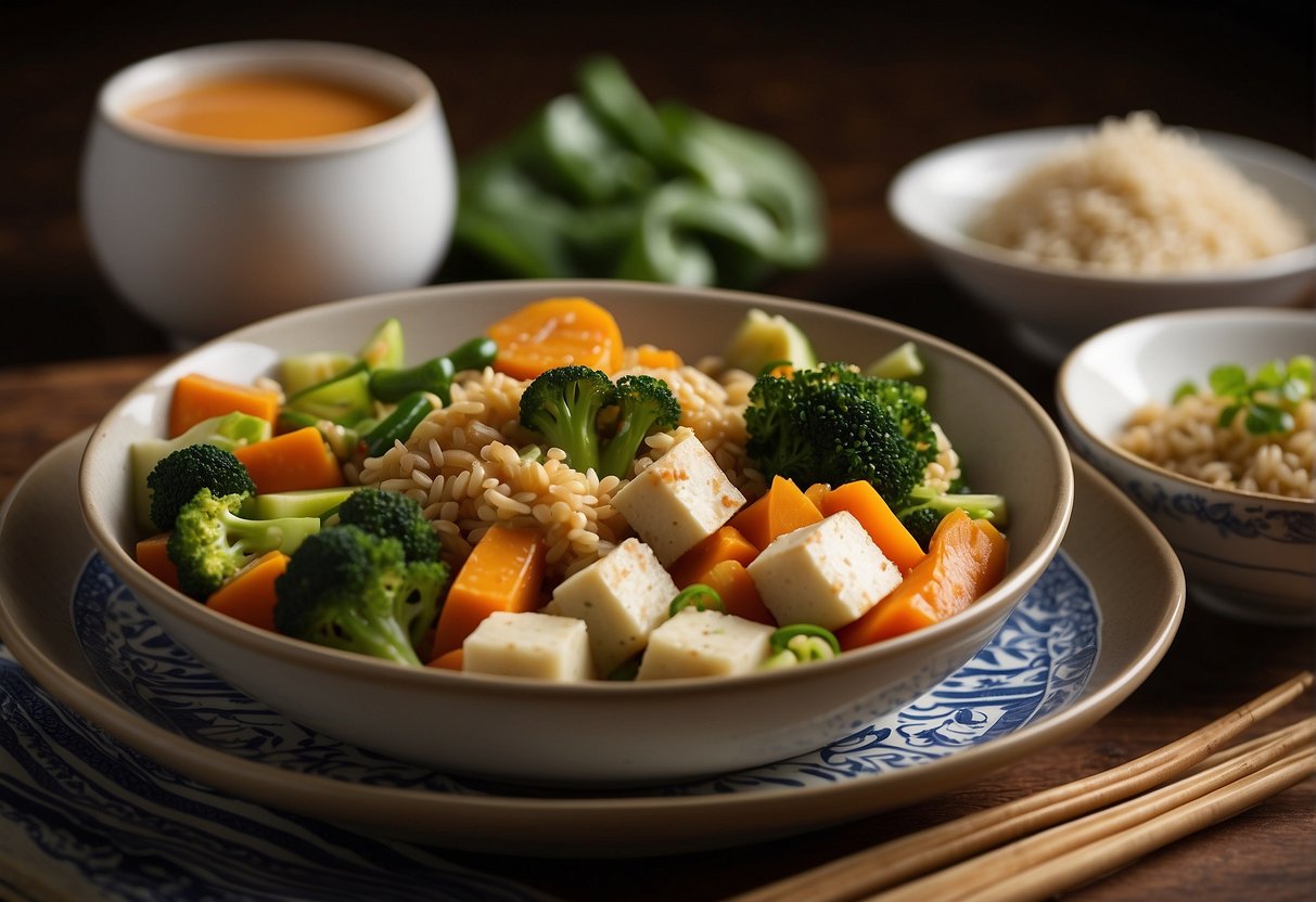 A colorful spread of steamed vegetables, stir-fried tofu, and brown rice on a patterned plate, with a side of ginger-infused soup