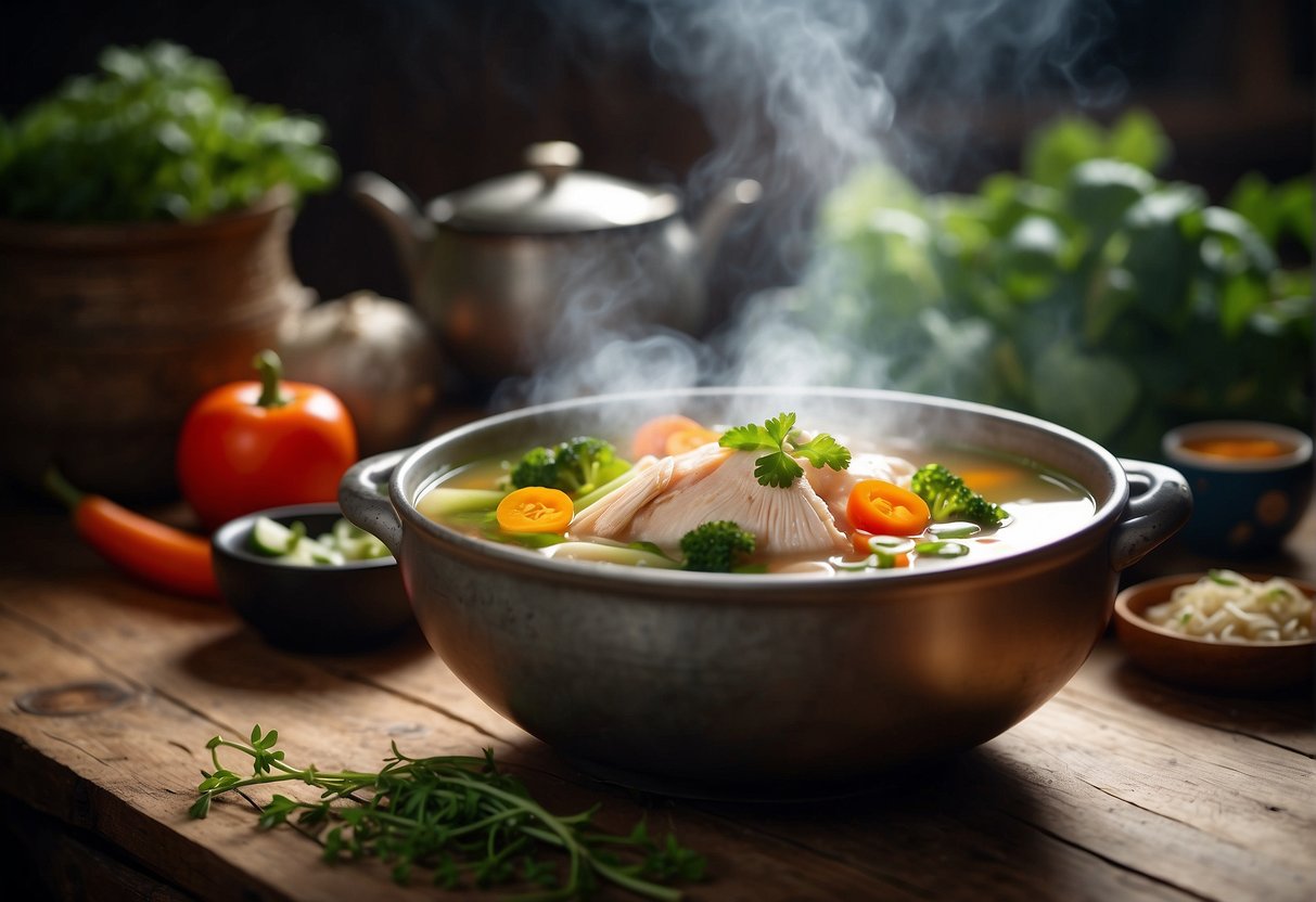 A steaming pot of clear Chinese chicken soup with fresh vegetables and fragrant herbs on a rustic wooden table