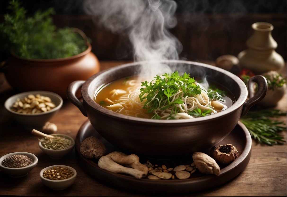 A steaming pot of Chinese herbal soup sits on a rustic wooden table, surrounded by various dried herbs and ingredients. The aroma of the soup fills the air, evoking a sense of warmth and comfort