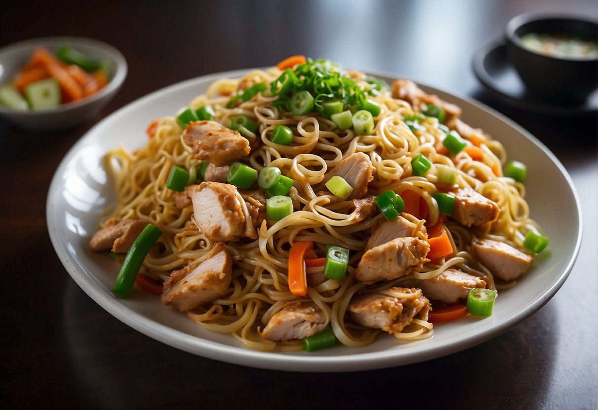 A steaming plate of Chinese chicken chow mein sits on a round, white porcelain dish, garnished with vibrant green scallions and surrounded by colorful chopsticks