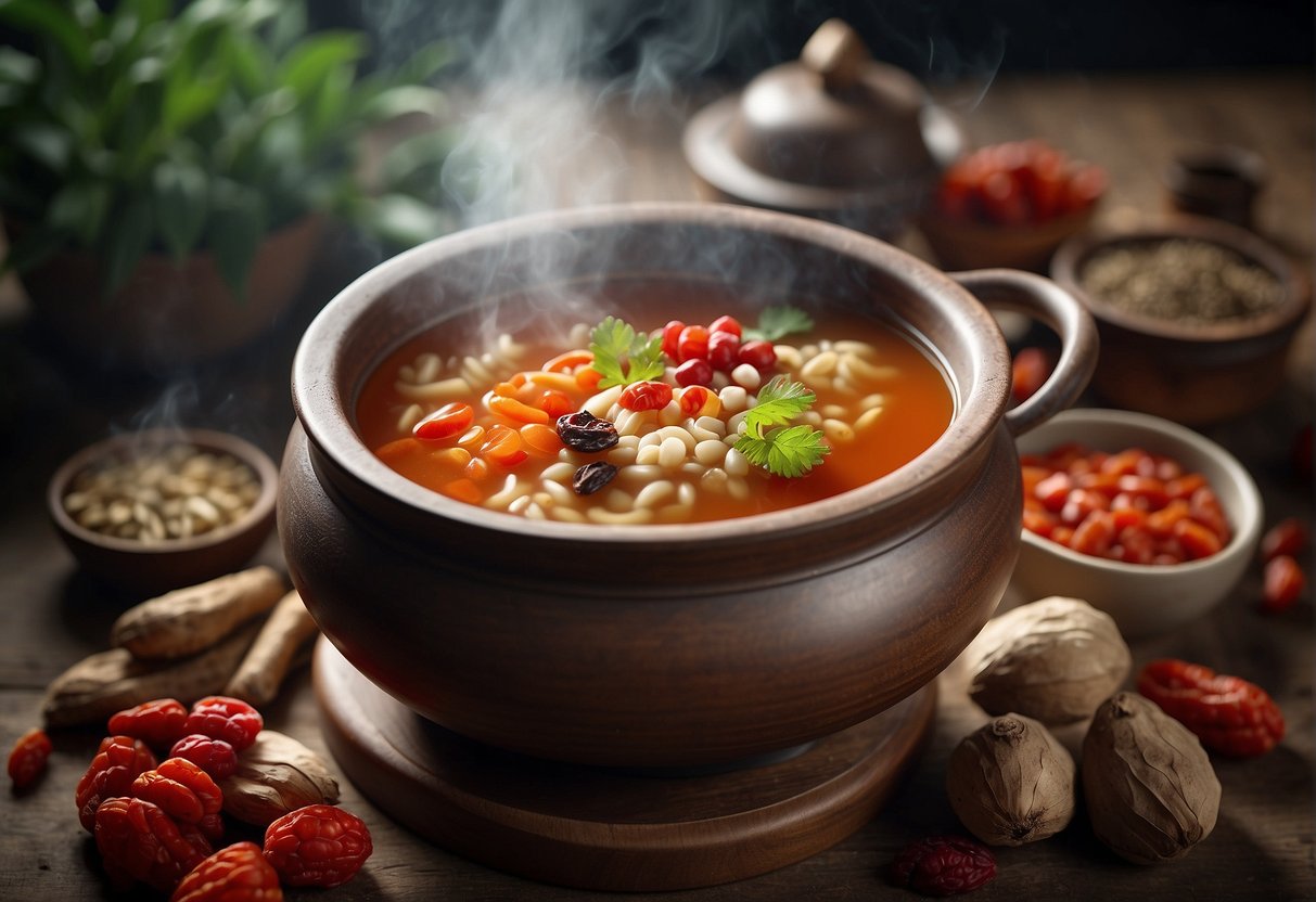 A steaming pot of Chinese herbal soup surrounded by various ingredients like goji berries, red dates, and ginseng roots