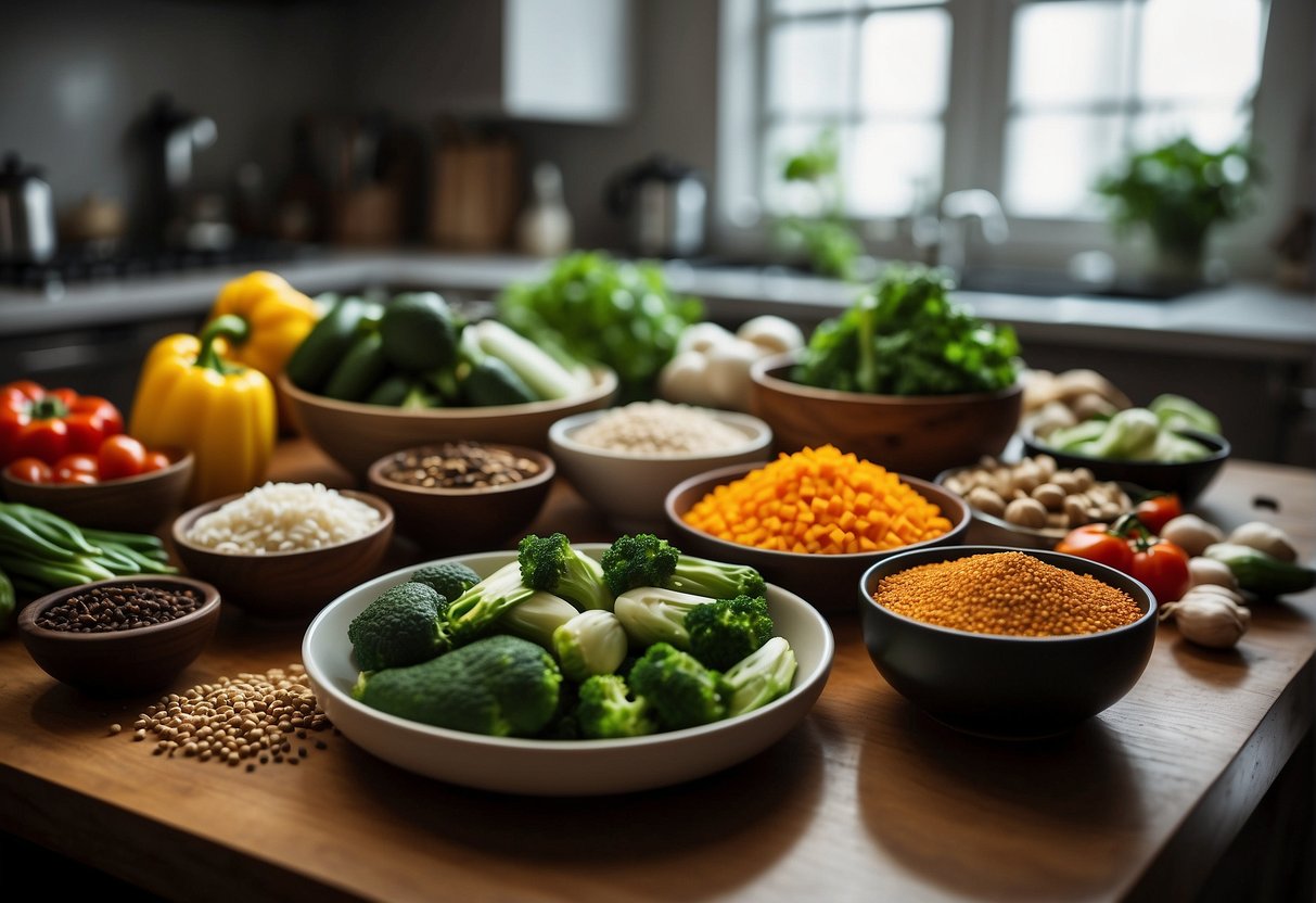 A colorful array of fresh vegetables, lean proteins, and aromatic spices are neatly arranged on a clean, organized kitchen counter. A wok and various cooking utensils are nearby, ready to create delicious and nutritious Chinese dishes