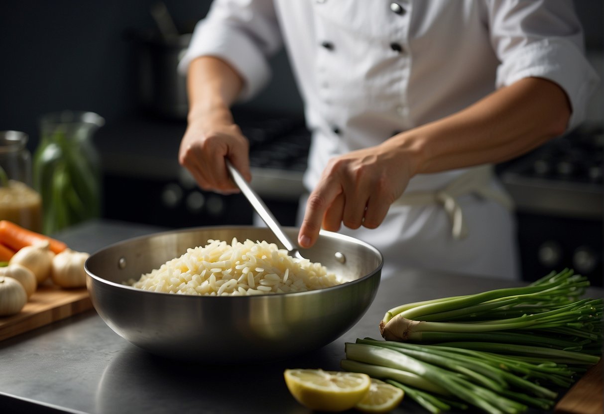 A chef chopping fresh ginger and scallions, while a pot of chicken broth simmers on the stove. Ingredients such as soy sauce, rice wine, and sesame oil are neatly arranged on the kitchen counter