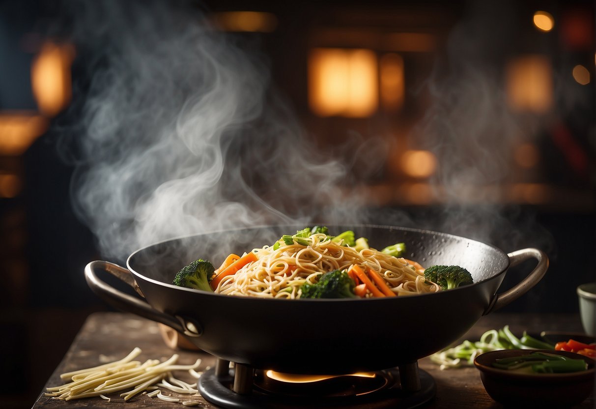 A steaming wok sizzles with stir-fried vegetables, tender chunks of chicken, and thin, golden noodles. A fragrant aroma of soy sauce and ginger fills the air