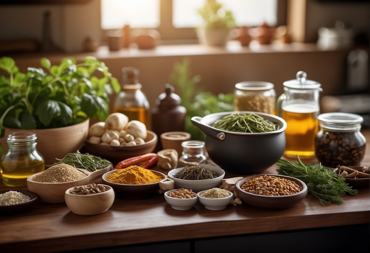 Various Chinese herbs and ingredients arranged on a clean kitchen counter, with a pot of simmering broth on the stove