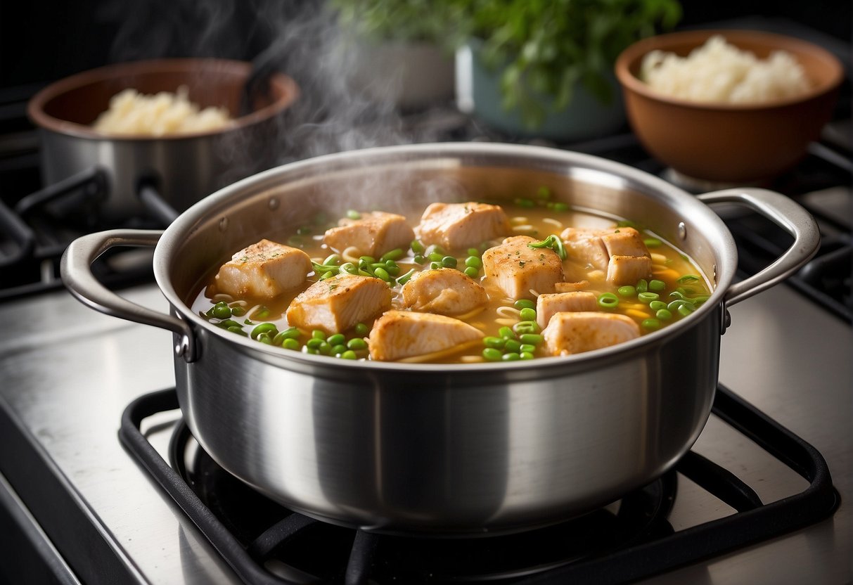 A pot simmers on a stovetop, filled with clear broth, chicken pieces, ginger, and scallions. Steam rises as the ingredients cook together