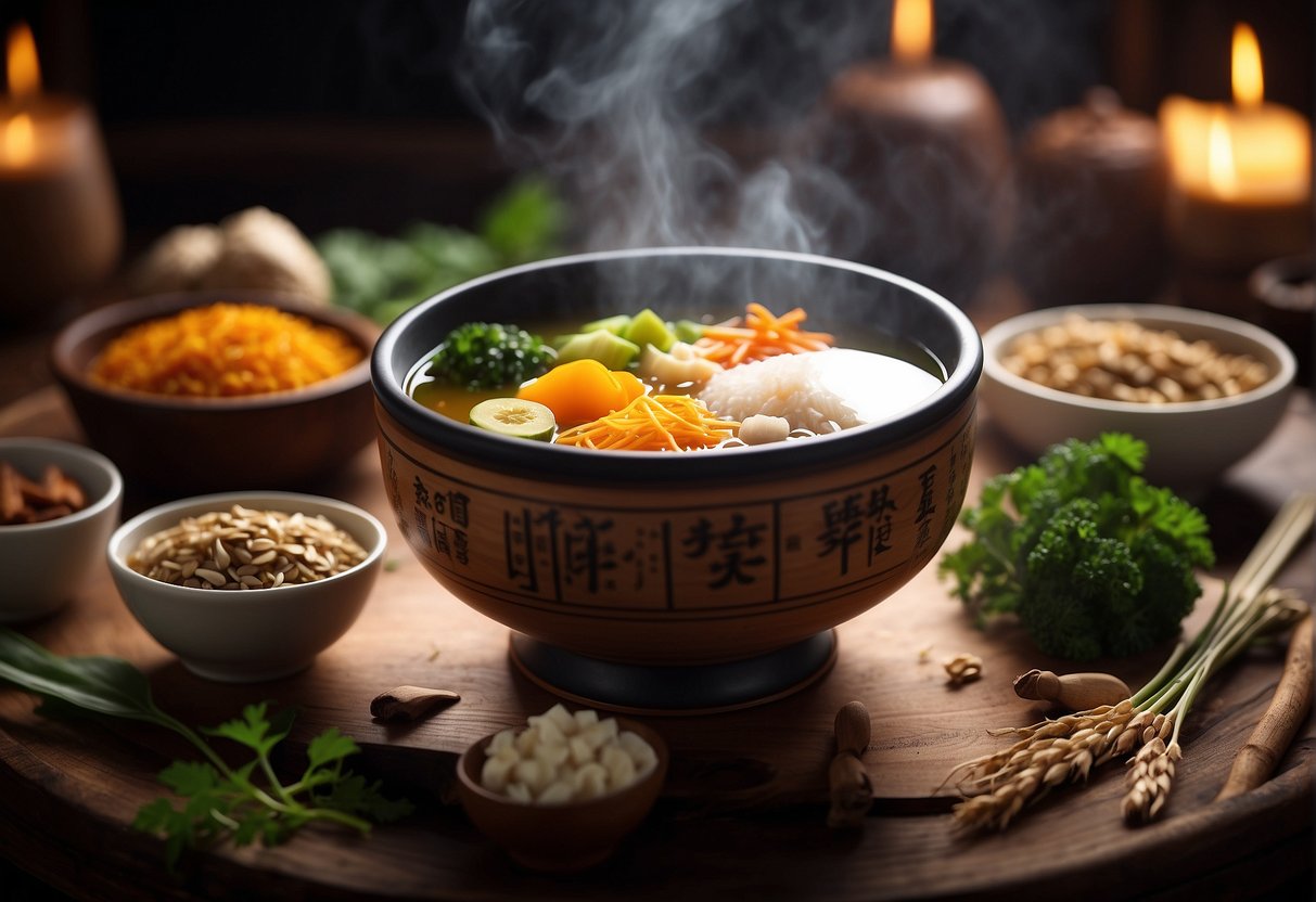 A steaming bowl of Chinese herbal soup surrounded by fresh ingredients and a nutrition label displaying its health benefits