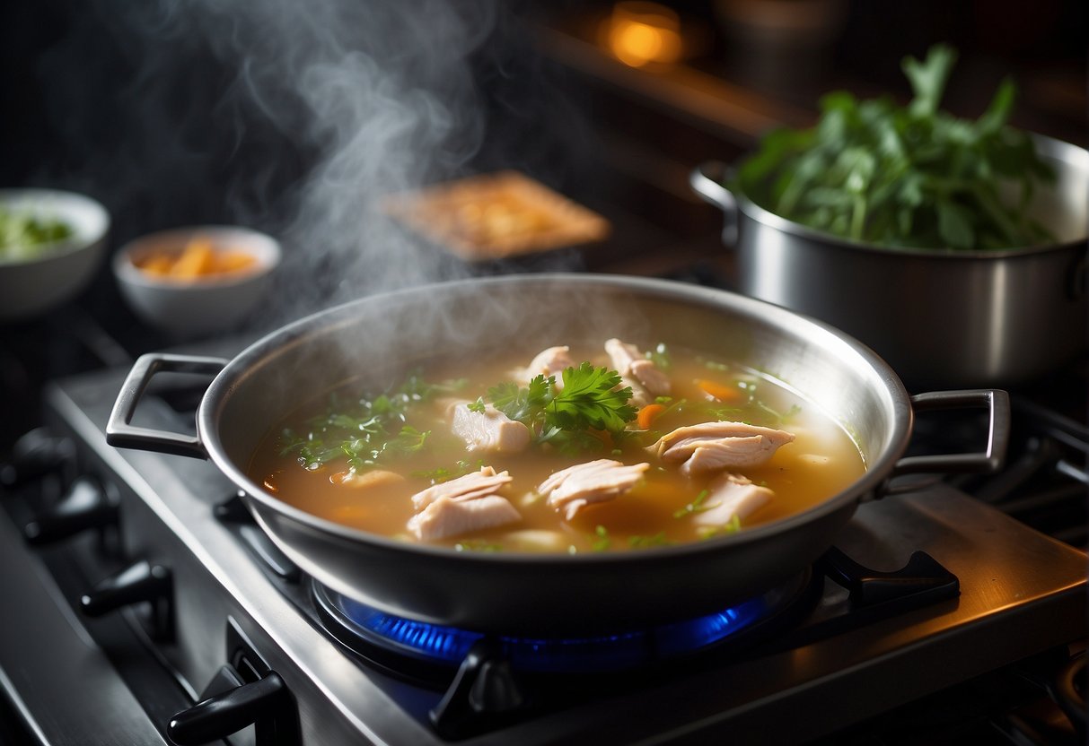 A steaming pot of Chinese chicken clear soup with aromatic herbs and spices, simmering on a stove. Steam rising and filling the kitchen with a mouthwatering aroma