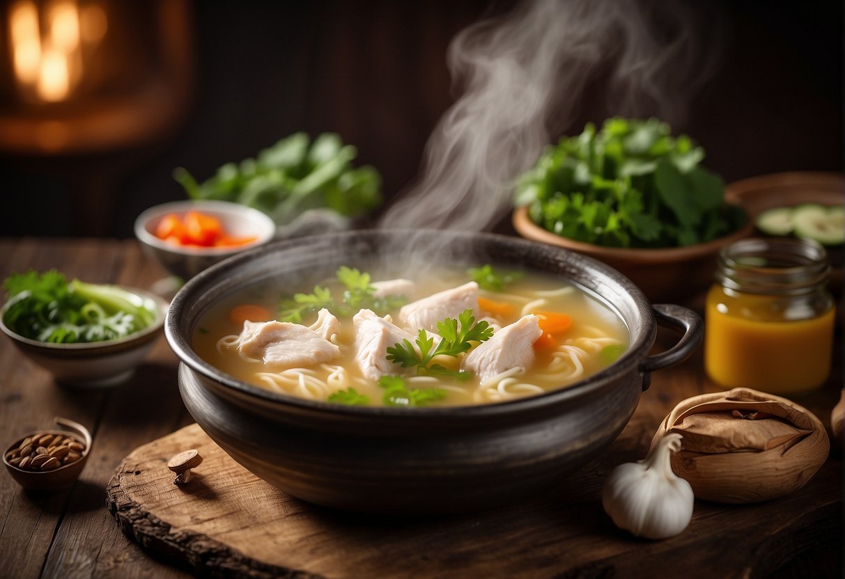 A steaming pot of Chinese chicken clear soup sits on a rustic wooden table, surrounded by fresh ingredients and decorative bowls for serving and storage