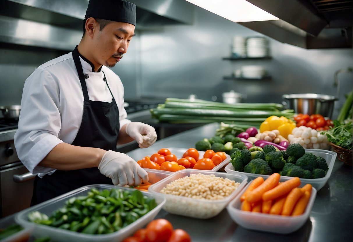 A chef preparing a colorful array of fresh vegetables and lean protein for a healthy Chinese lunch