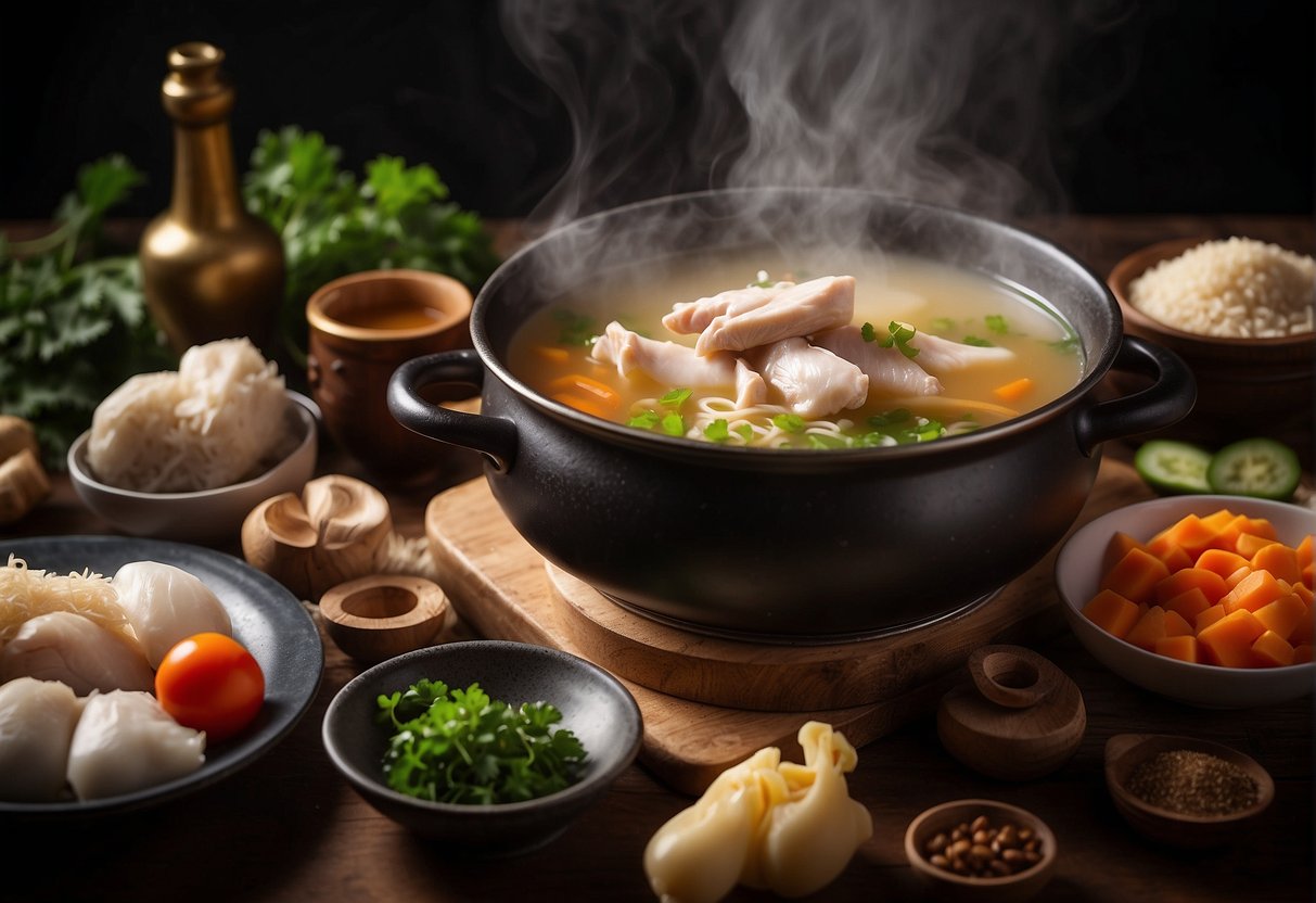 A steaming pot of Chinese chicken clear soup surrounded by various ingredients and a recipe book open to "Frequently Asked Questions."