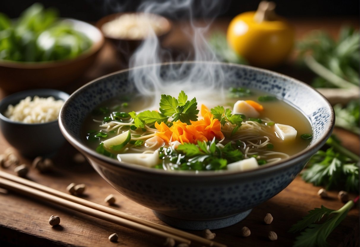 A steaming bowl of herbal soup sits on a wooden table, surrounded by fresh ingredients and a pair of chopsticks. A serene atmosphere with soft lighting enhances the scene