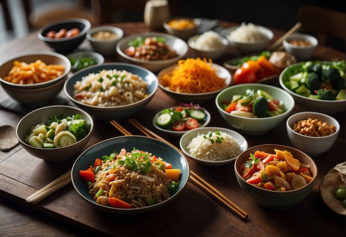 A colorful array of leftover Chinese dishes arranged on a wooden table, with chopsticks and a vibrant array of vegetables, showcasing healthy lunch options