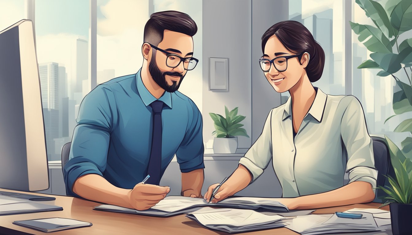 A licensed moneylender in Singapore provides a personal loan to a qualified borrower, discussing terms and conditions in a professional office setting