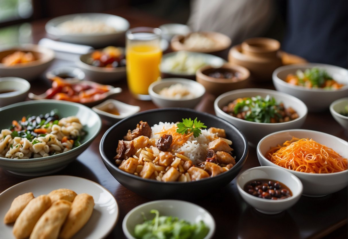 A table set with a variety of colorful and appetizing Chinese lunch dishes, including both savory and sweet options