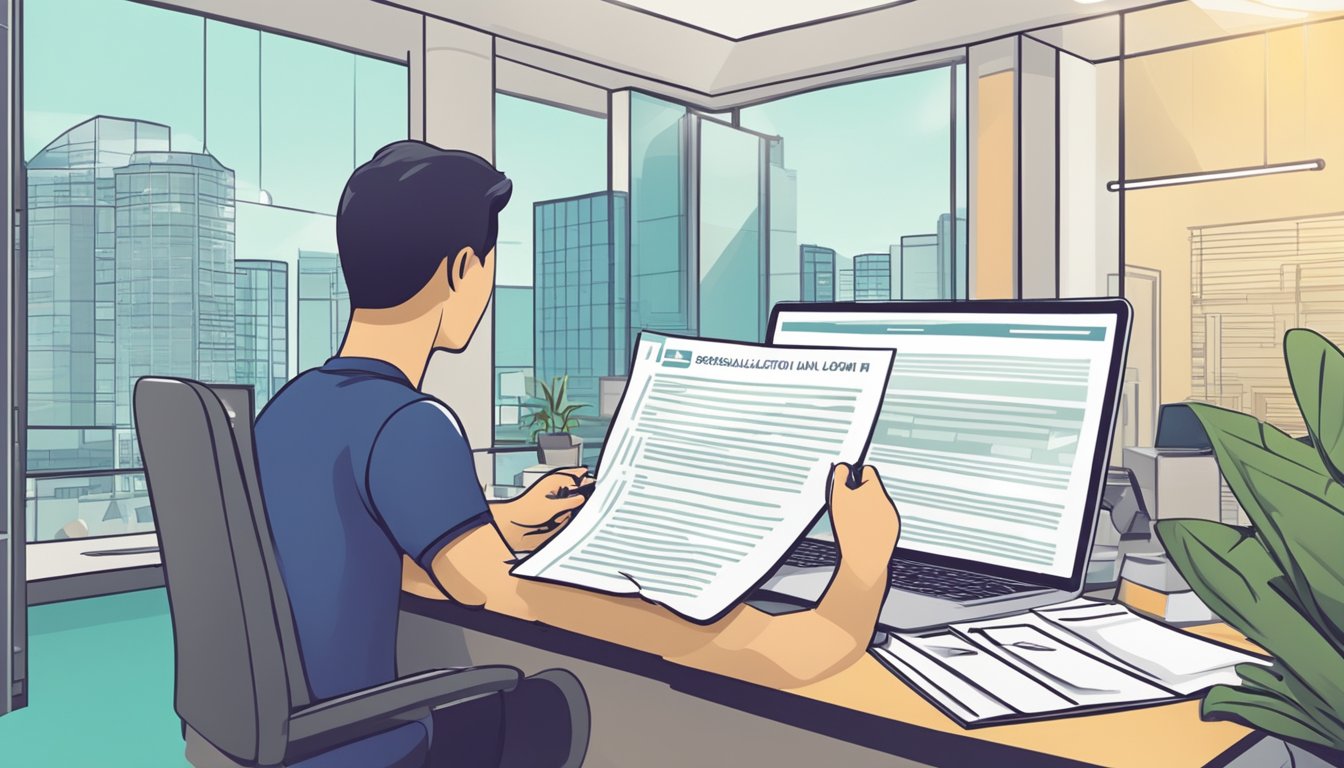 A person filling out a loan application form at a lender's office in Singapore. The lender reviews the application for personal loan qualification