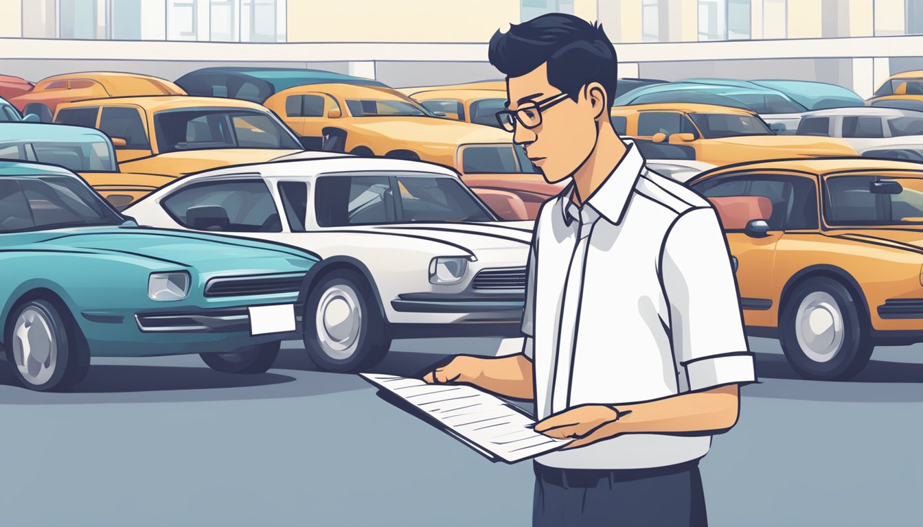 A person comparing car lease and purchase options in Singapore, surrounded by question marks and a car dealership in the background