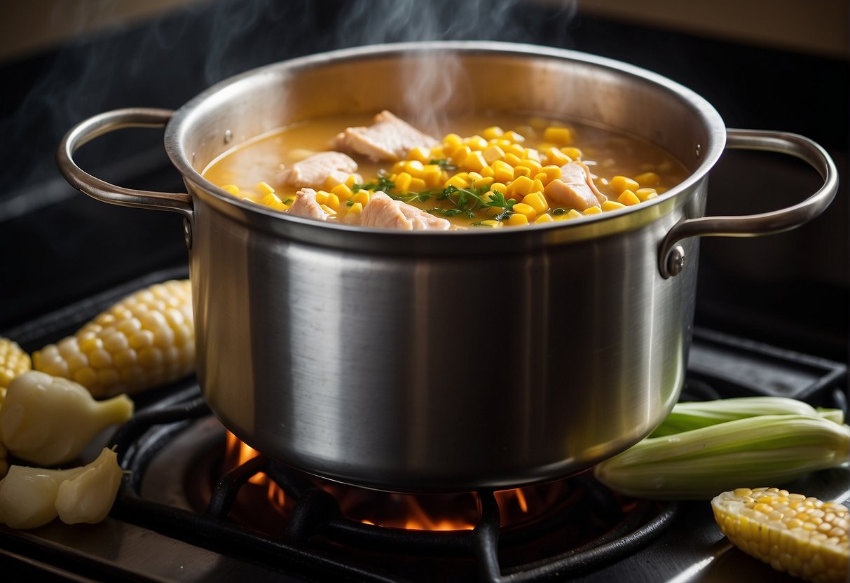 A pot simmers on a stove, filled with a golden broth and chunks of tender chicken, sweet corn, and fragrant herbs