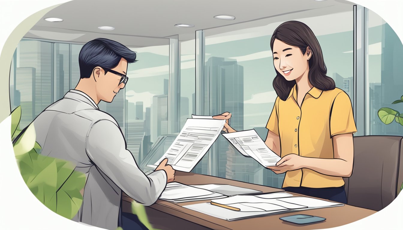 A lender presents loan terms to a borrower in Singapore. The schedule is discussed, and qualifications are reviewed