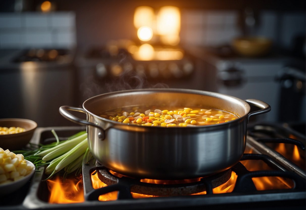 A pot simmering on a stove, filled with chicken, corn, and aromatic spices. A ladle scoops up a steaming, fragrant broth