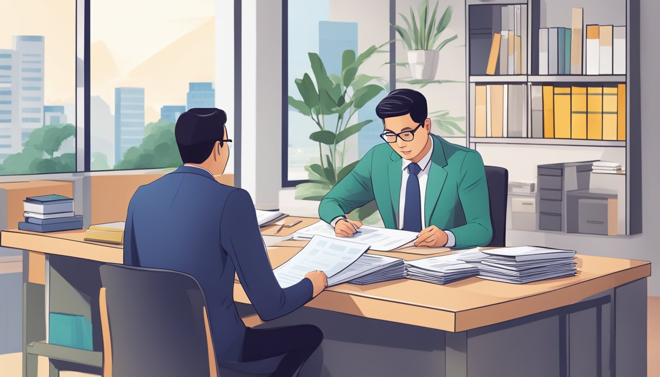 A foreigner sits at a desk with paperwork, speaking to a Singaporean lender. The lender reviews documents, discussing loan accessibility and personal loan qualifications