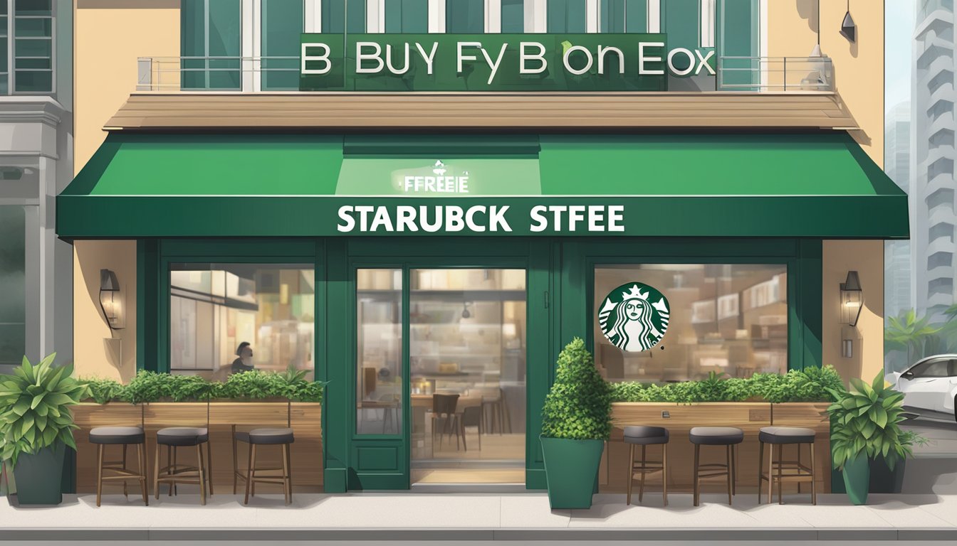 A Starbucks sign advertises a "buy 1 free 1" promotion in Singapore