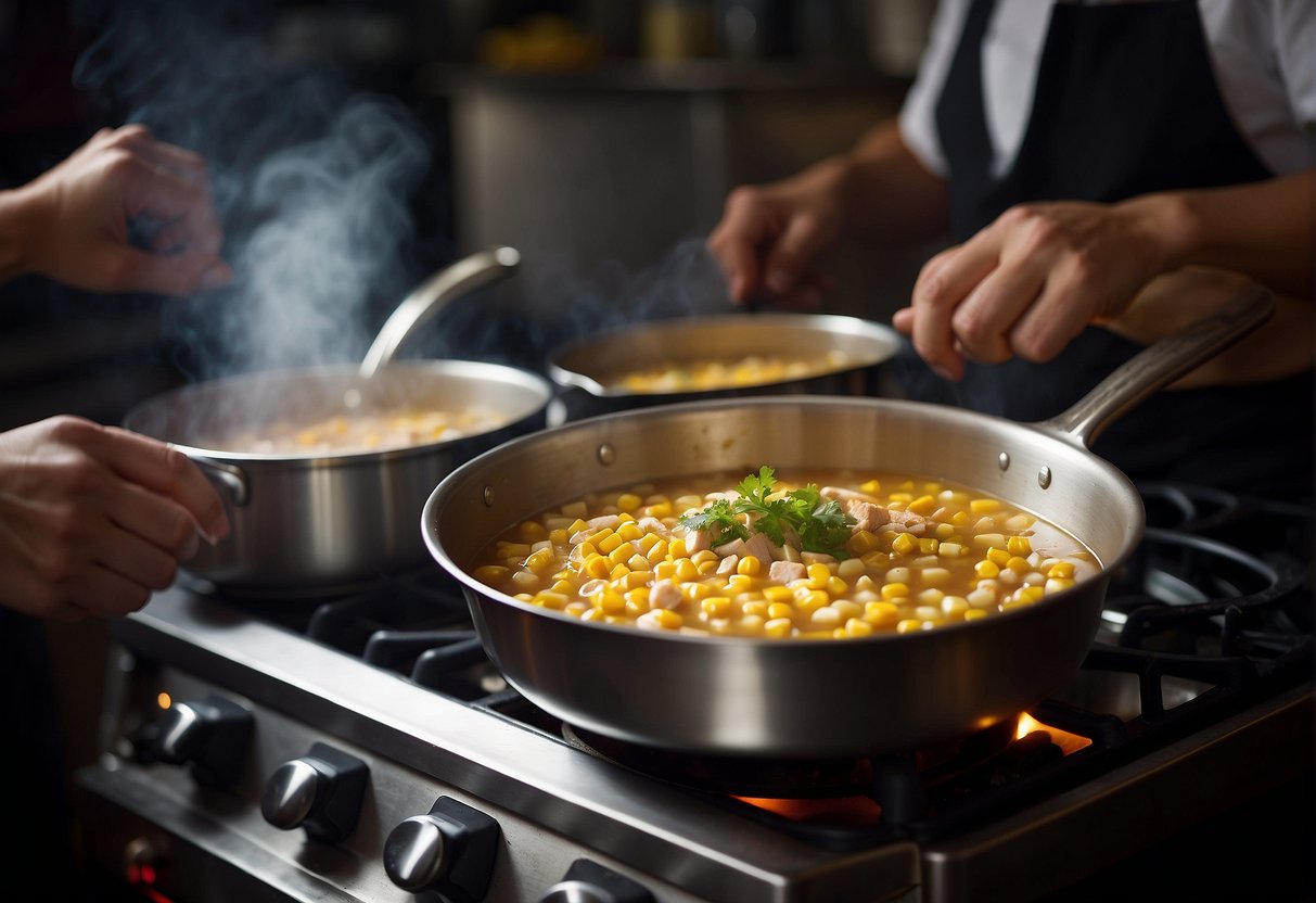 A pot simmers on a stove. A chef adds diced chicken, corn, and broth. Steam rises as the soup cooks