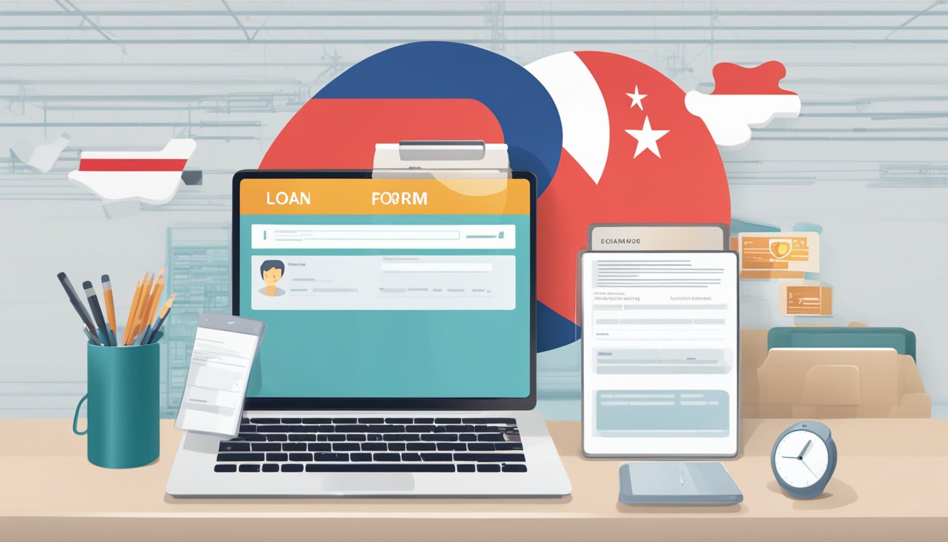 A digital device displaying a loan application form with a Singaporean flag in the background, symbolizing the digital transformation in lending for personal loans in Singapore