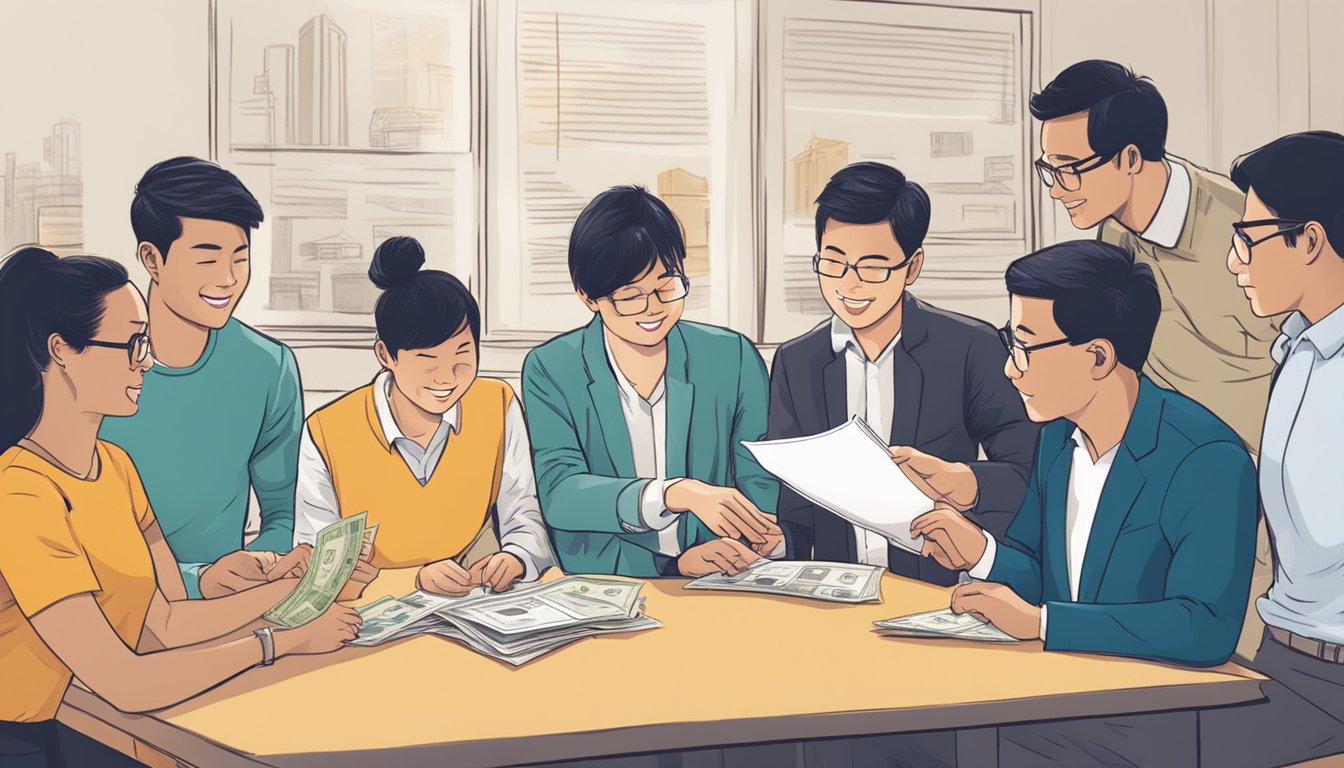 A group of diverse individuals gather around a table, exchanging money and signing documents. A sign above them reads "Support for Foreigners and Expats money lender reviews in Singapore."
