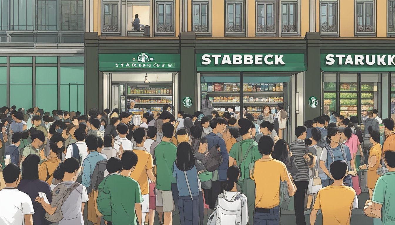 Crowds flock to Starbucks in Singapore for the 1-for-1 extravaganza, with people eagerly lining up for their free drinks. Tables are filled with happy customers enjoying their beverages