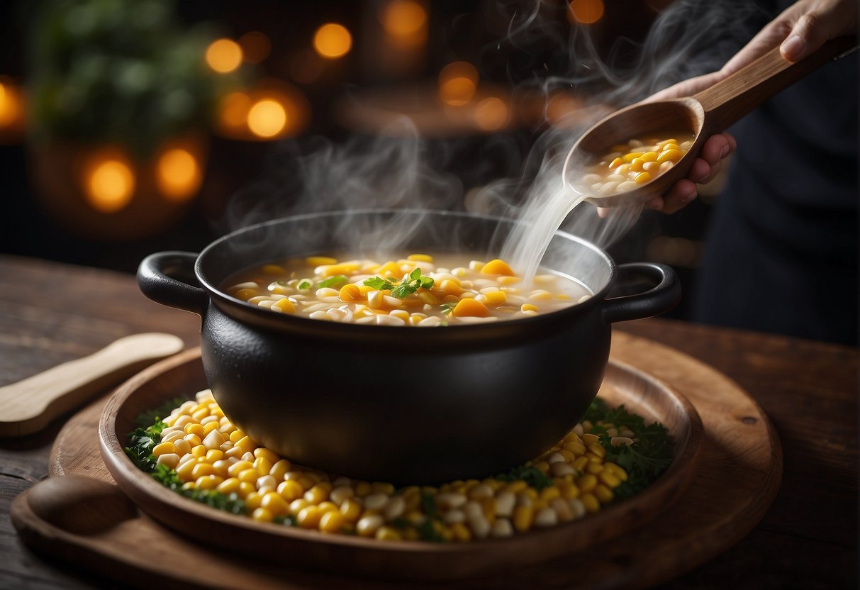 A steaming pot of Chinese chicken corn soup with aromatic flavor enhancers being sprinkled in