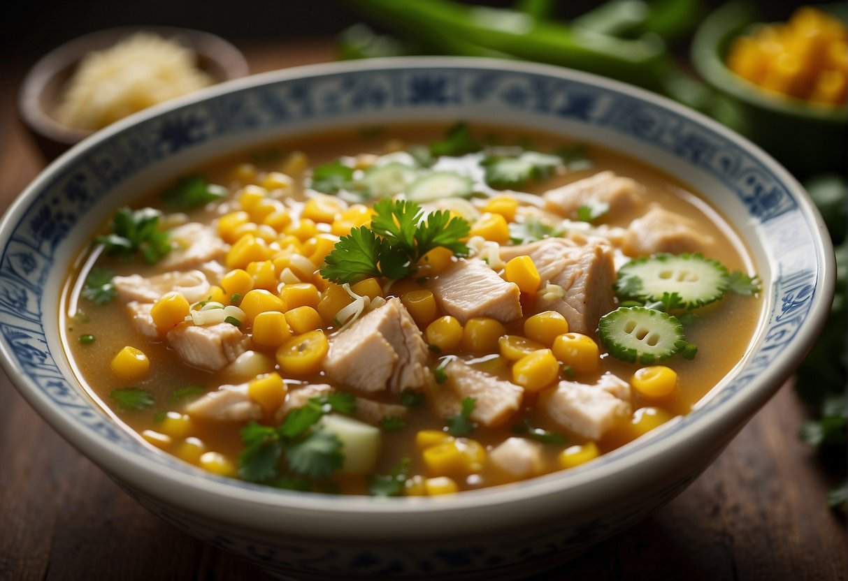A steaming bowl of Chinese chicken corn soup surrounded by fresh cilantro, sliced green onions, and a sprinkle of ground white pepper