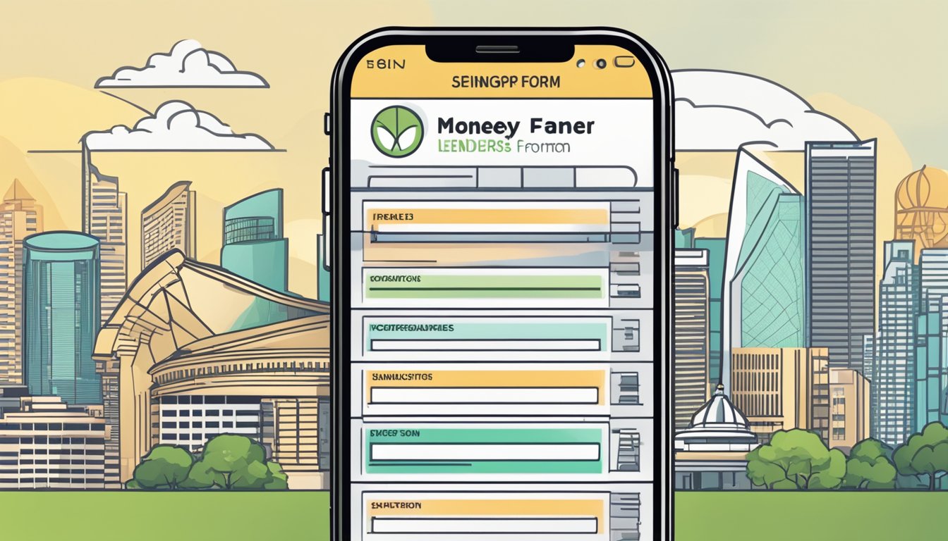 A smartphone displaying a money lender application form with Singaporean landmarks in the background