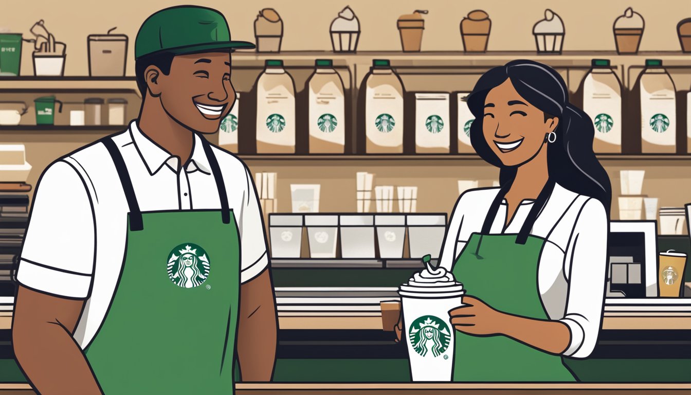 A customer at Starbucks holds two drinks, one free with purchase, while the barista smiles behind the counter. The iconic green logo is prominent