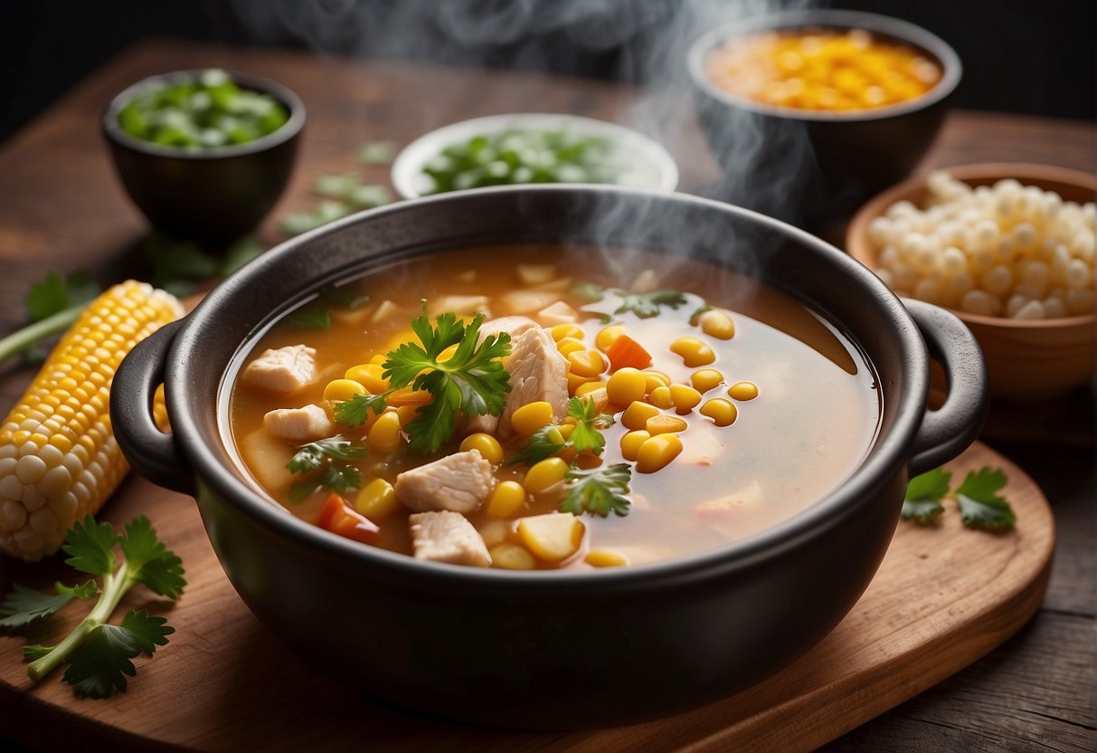 A steaming pot of Chinese chicken corn soup with various ingredients laid out on a wooden cutting board