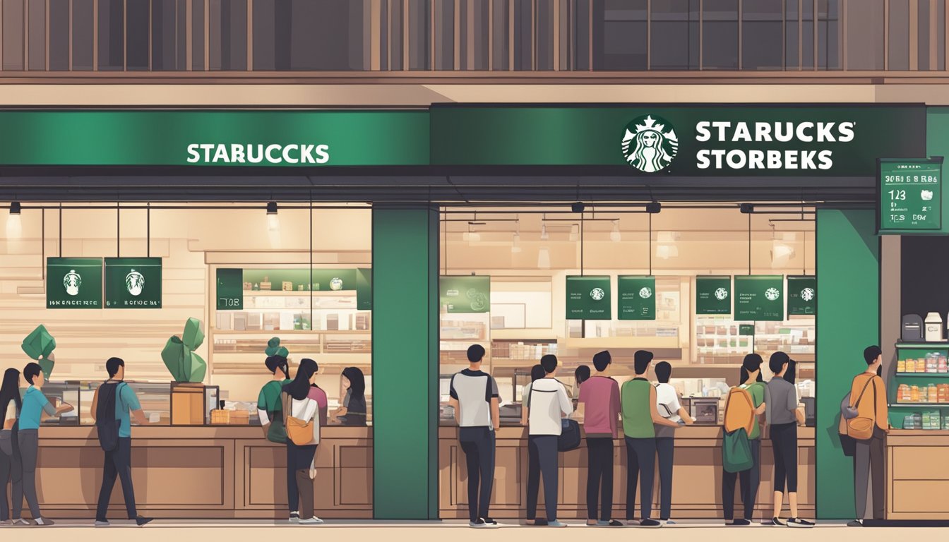 A Starbucks store with a prominent "Buy 1 Free 1" promotion sign displayed in a busy area of Singapore. Customers lining up at the counter