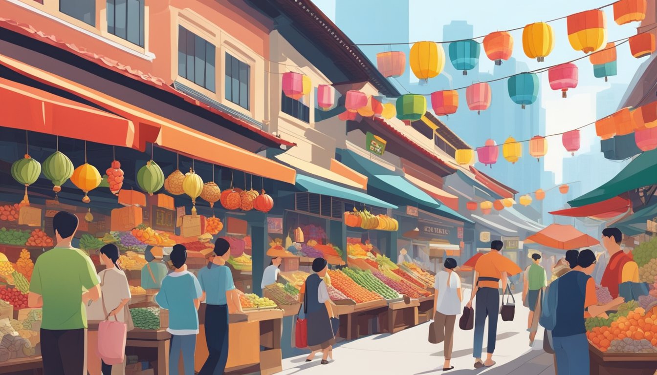 People browsing through colorful stalls, filled with exotic fruits, traditional Chinese clothing, and various trinkets in bustling Chinatown, Singapore
