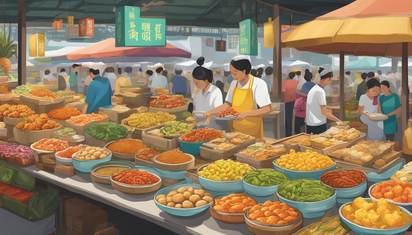 A bustling market stall displays an array of colorful Singaporean food gifts, including chili crab sauce, kaya spread, and pineapple tarts