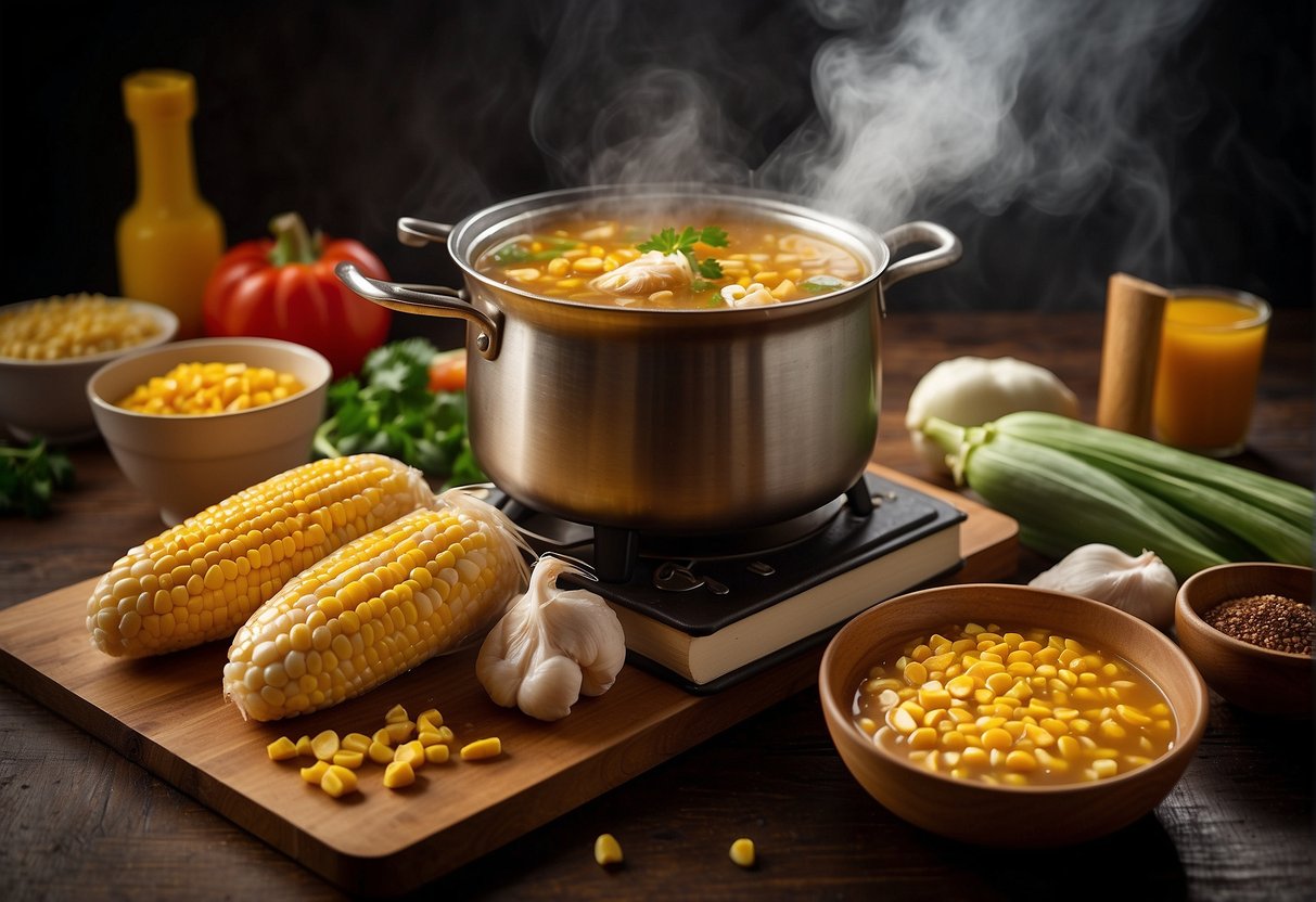 A steaming pot of Chinese chicken corn soup surrounded by ingredients like chicken, corn, and broth, with a recipe book open to the "Frequently Asked Questions" page