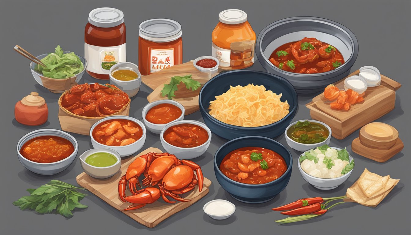A table filled with popular Singaporean food items like chili crab sauce, kaya jam, and bak kwa, ready to be packed for overseas friends