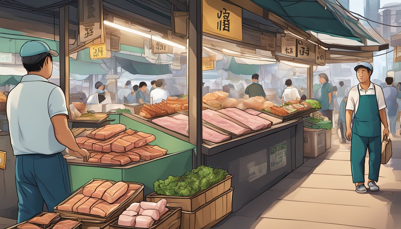 A bustling Singapore market stall sells fresh pork belly